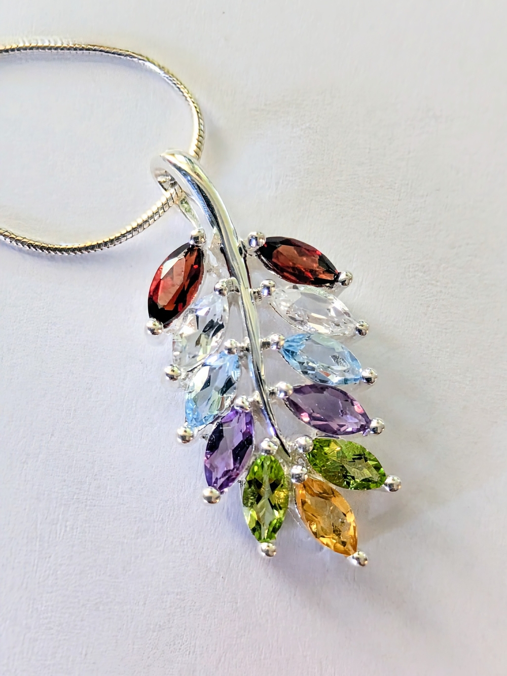 Sterling Silver Leaf Design Genuine Marquis Multi-Gemstone Pendant Necklace